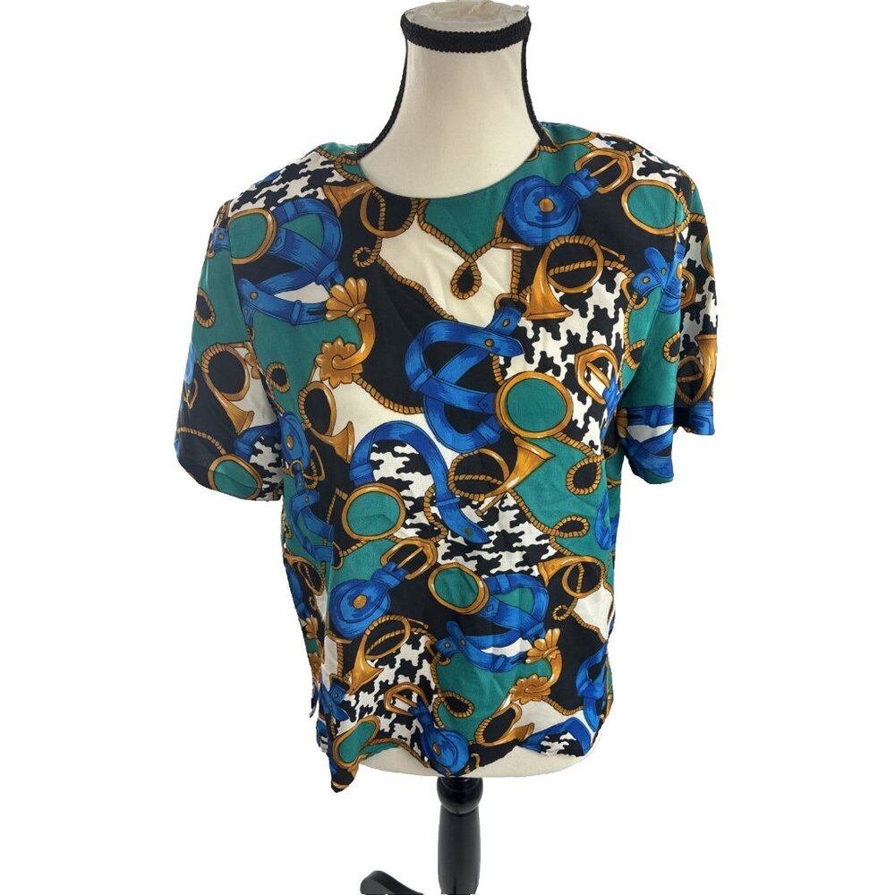 Christie & Jill Womens M Petite Silk Top Multicolor Graphic Vintage Blouse